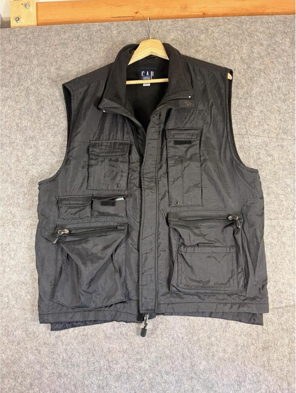 Vintage 90s Gap Vest Mens L Black Utility Multi Pocket Fleece Lined Gorpcore